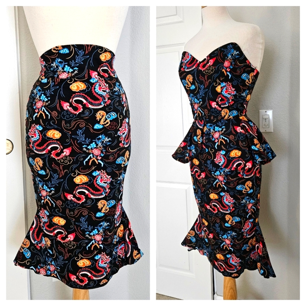 PUG Pinup Girl Clothing Dragon Print Mermaid Skirt | Pinup Couture Hobble Skirt